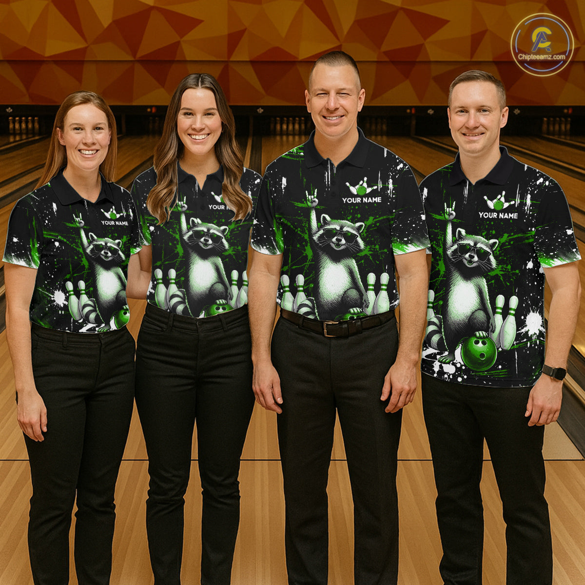 Custom Green Funny Raccoon Bowling Shirt for Women Bowling Jersey Polo & 1/4-Zip Bowling Outfit QZT892
