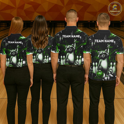 Custom Green Funny Raccoon Bowling Shirt for Women Bowling Jersey Polo & 1/4-Zip Bowling Outfit QZT892