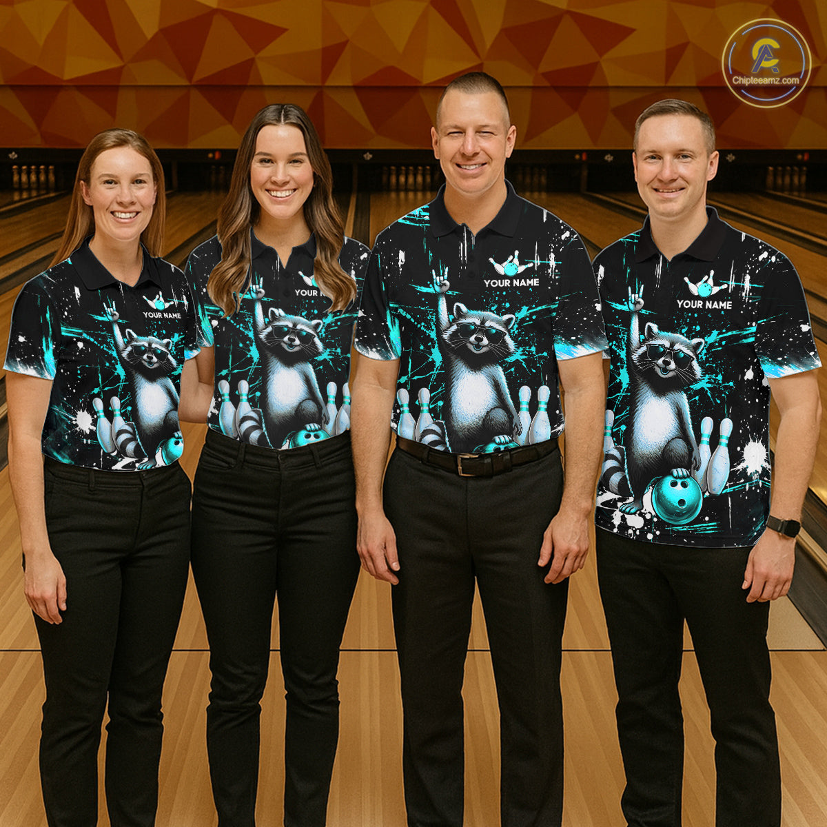 Custom Turquoise Funny Raccoon Bowling Shirt for Men Bowling Jersey Polo & 1/4-Zip Bowling Outfit QZT892