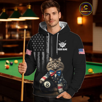 Custom American Flag Funny Cat Billiard Shirt for Men 8 Ball Pool Shirt Polo & 1/4 Zip Billiard Jersey BHT20