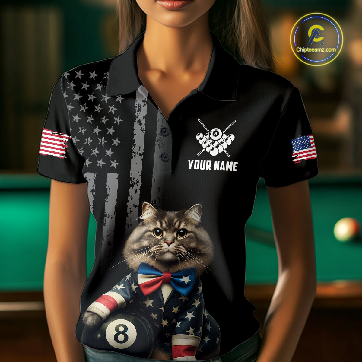 Custom American Flag Funny Cat Billiard Shirt for Women 8 Ball Pool Shirt Polo & 1/4 Zip Billiard Jersey BHT20