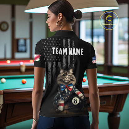 Custom American Flag Funny Cat Billiard Shirt for Women 8 Ball Pool Shirt Polo & 1/4 Zip Billiard Jersey BHT20