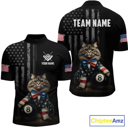 Custom American Flag Funny Cat Billiard Shirt for Men 8 Ball Pool Shirt Polo & 1/4 Zip Billiard Jersey BHT20