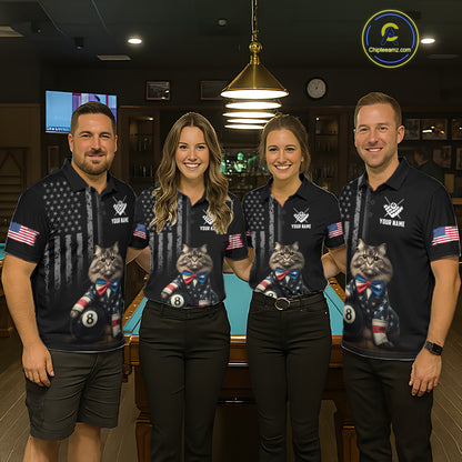 Custom American Flag Funny Cat Billiard Shirt for Women 8 Ball Pool Shirt Polo & 1/4 Zip Billiard Jersey BHT20