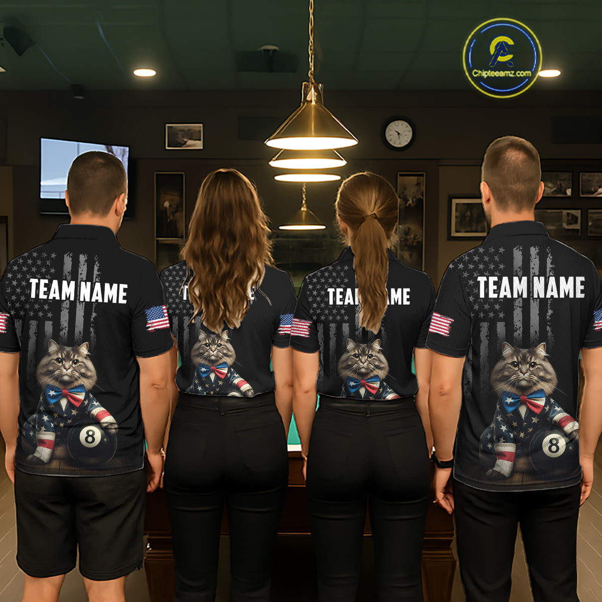 Custom American Flag Funny Cat Billiard Shirt for Women 8 Ball Pool Shirt Polo & 1/4 Zip Billiard Jersey BHT20