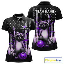 Load image into Gallery viewer, Two views of American flag polo shirt with raccoon design and customizable text on a white background