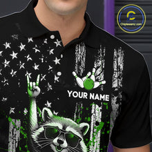 Load image into Gallery viewer, Black polo shirt with a raccoon graphic, green elements, and 'Your Name' text on a dark background.