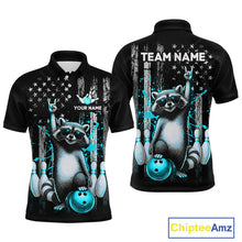 Load image into Gallery viewer, Two views of American flag polo shirt with raccoon design and customizable text on a white background
