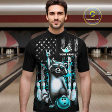 Load image into Gallery viewer, Man wearing a black shirt with a raccoon design in a bowling alley.