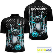 Load image into Gallery viewer, Two views of American flag quarter-zip shirt with raccoon design and customizable text on a white background