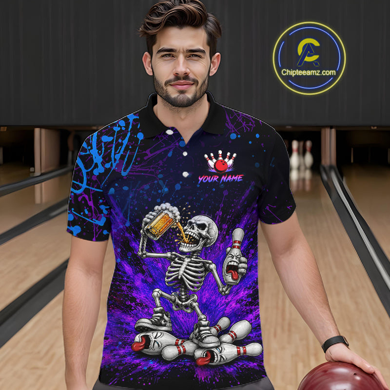 Custom Funny Skeleton and Beer Bowling Shirt for Men Bowling Team Jersey Polo & Quarter-Zip QZT1258