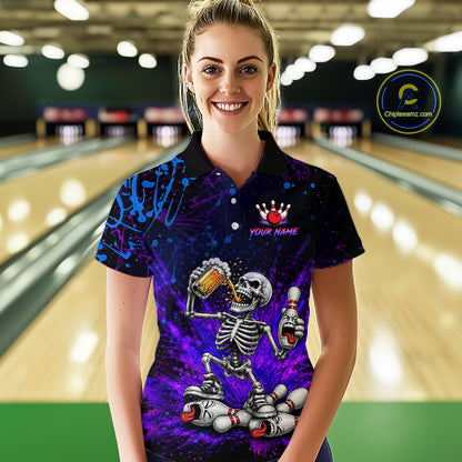 Custom Funny Skeleton and Beer Bowling Shirt for Women Bowling Team Jersey Polo & Quarter-Zip QZT1258