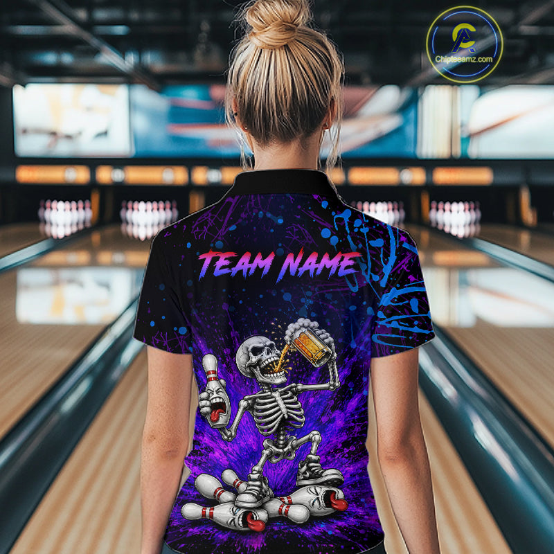 Custom Funny Skeleton and Beer Bowling Shirt for Women Bowling Team Jersey Polo & Quarter-Zip QZT1258