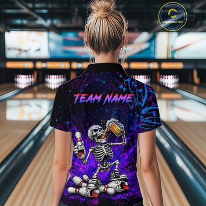 Custom Funny Skeleton and Beer Bowling Shirt for Women Bowling Team Jersey Polo & Quarter-Zip QZT1258