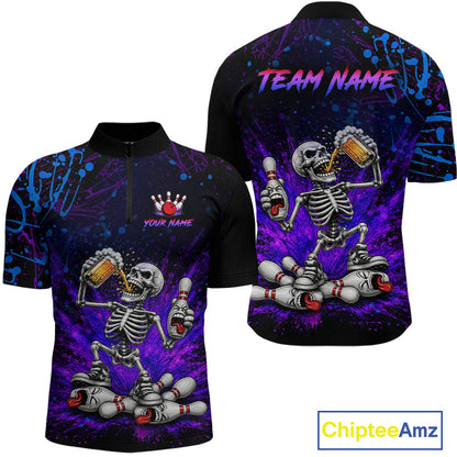 Custom Funny Skeleton and Beer Bowling Shirt for Men Bowling Team Jersey Polo & Quarter-Zip QZT1258