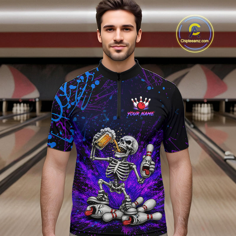 Custom Funny Skeleton and Beer Bowling Shirt for Men Bowling Team Jersey Polo & Quarter-Zip QZT1258