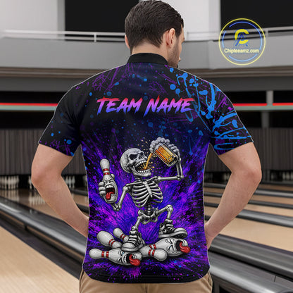 Custom Funny Skeleton and Beer Bowling Shirt for Men Bowling Team Jersey Polo & Quarter-Zip QZT1258