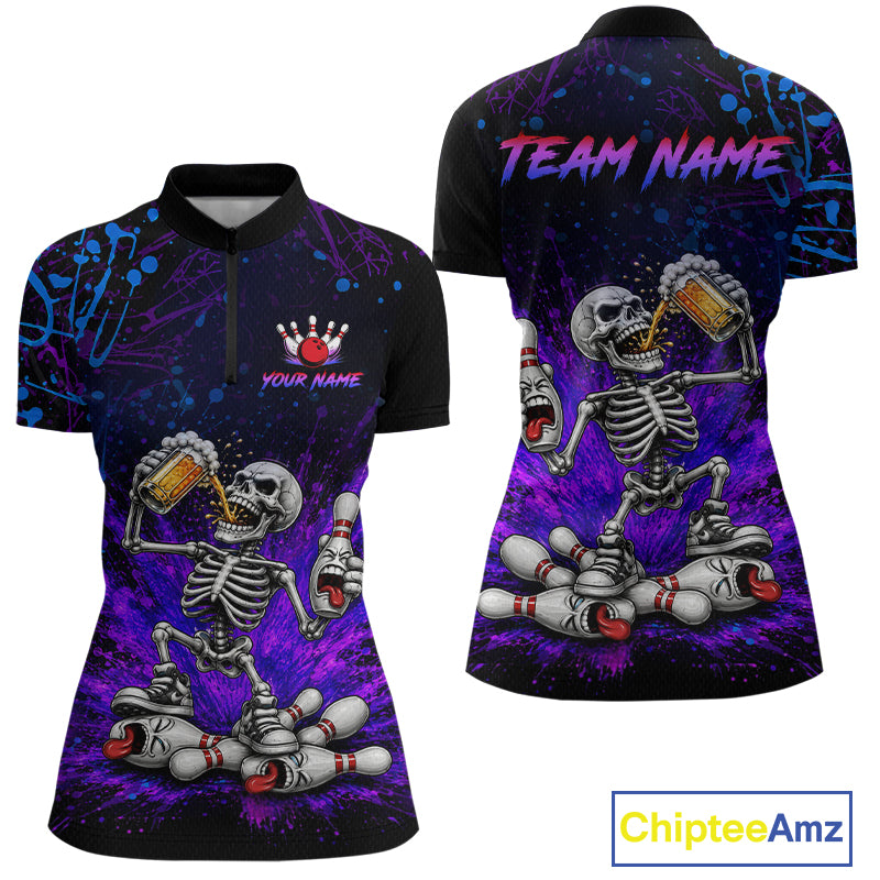 Custom Funny Skeleton and Beer Bowling Shirt for Women Bowling Team Jersey Polo & Quarter-Zip QZT1258