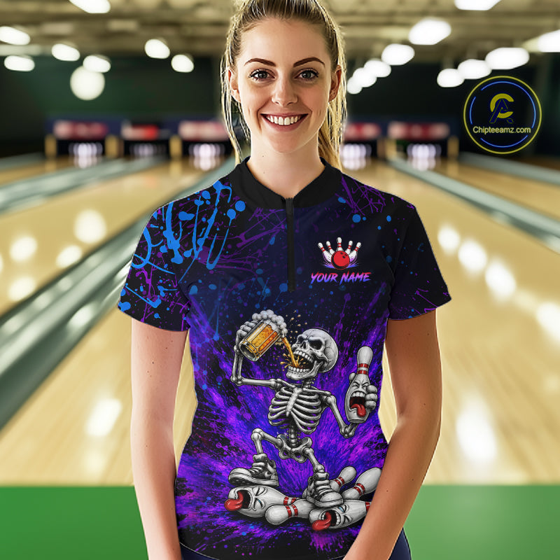 Custom Funny Skeleton and Beer Bowling Shirt for Women Bowling Team Jersey Polo & Quarter-Zip QZT1258