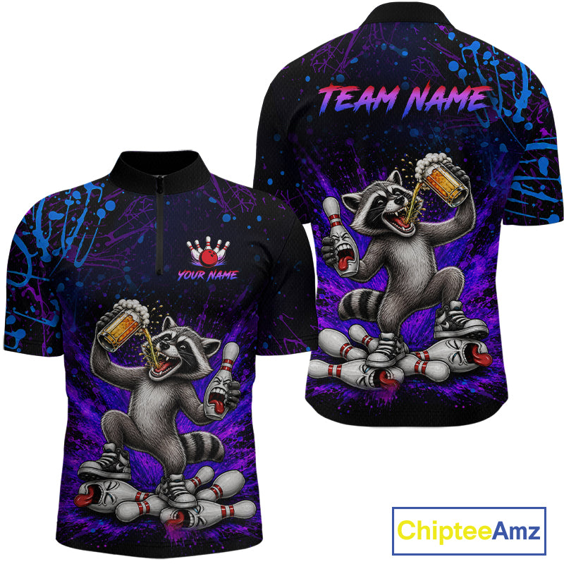 Custom Funny Raccoon and Beer Bowling Shirt for Men Bowling Team Jersey Polo & Quarter-Zip QZT1259