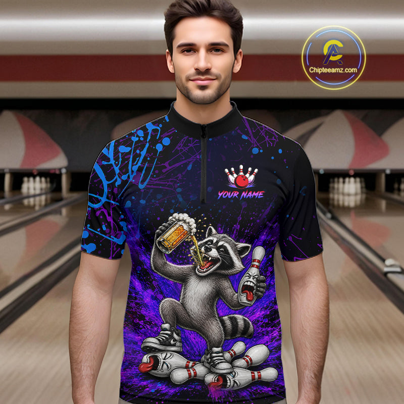 Custom Funny Raccoon and Beer Bowling Shirt for Men Bowling Team Jersey Polo & Quarter-Zip QZT1259