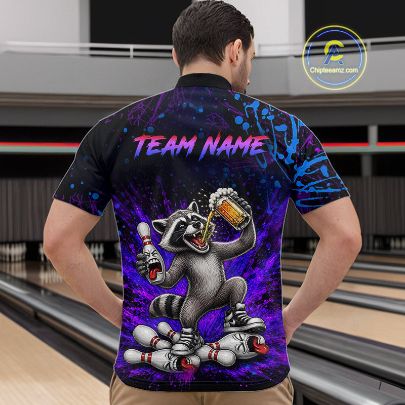 Custom Funny Raccoon and Beer Bowling Shirt for Men Bowling Team Jersey Polo & Quarter-Zip QZT1259