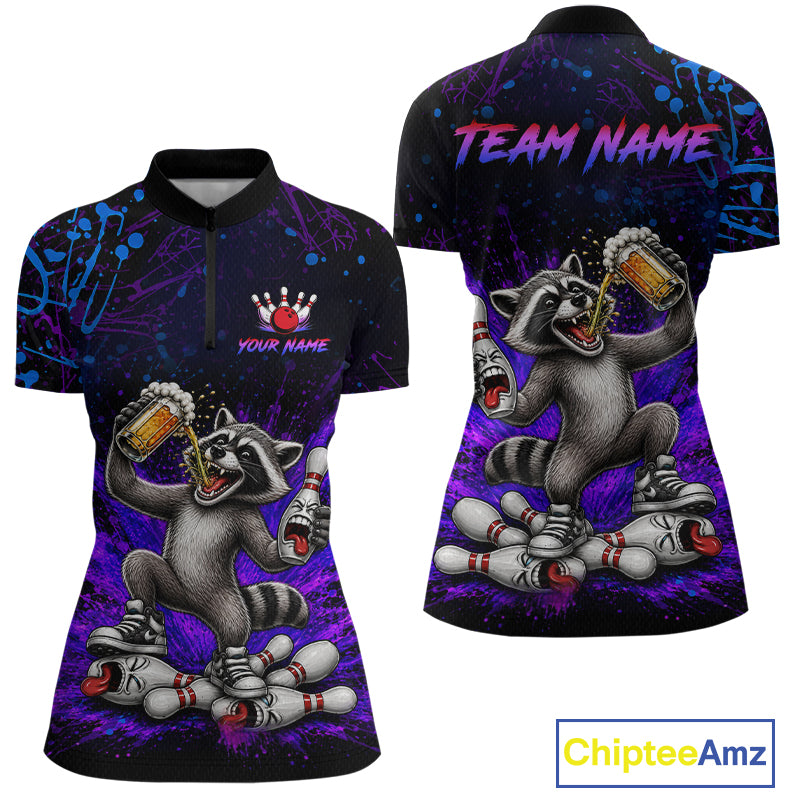 Custom Funny Raccoon and Beer Bowling Shirt for Women Bowling Team Jersey Polo & Quarter-Zip QZT1259