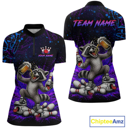 Custom Funny Raccoon and Beer Bowling Shirt for Women Bowling Team Jersey Polo & Quarter-Zip QZT1259