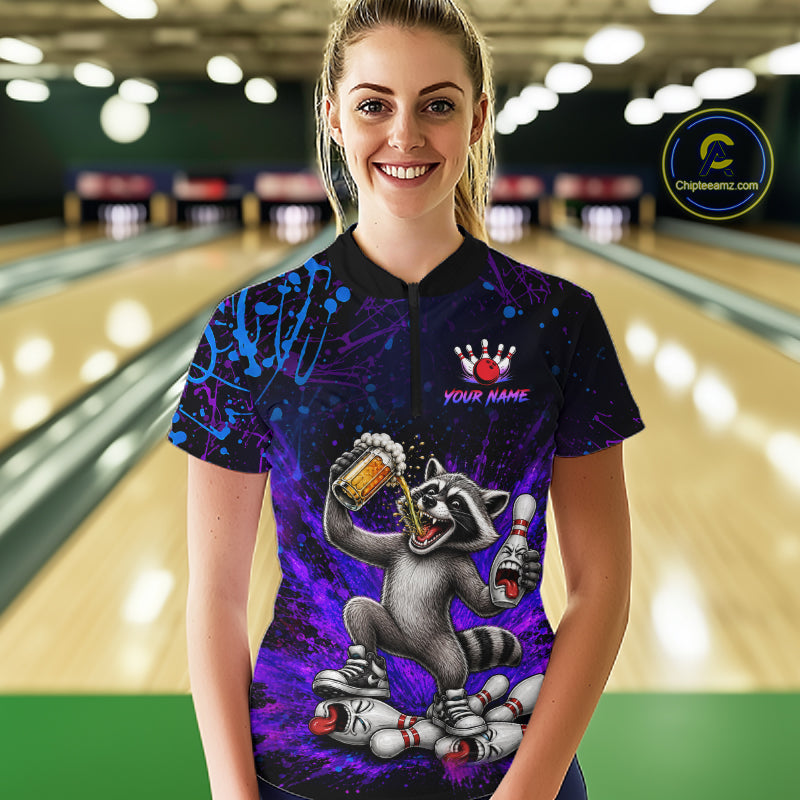 Custom Funny Raccoon and Beer Bowling Shirt for Women Bowling Team Jersey Polo & Quarter-Zip QZT1259