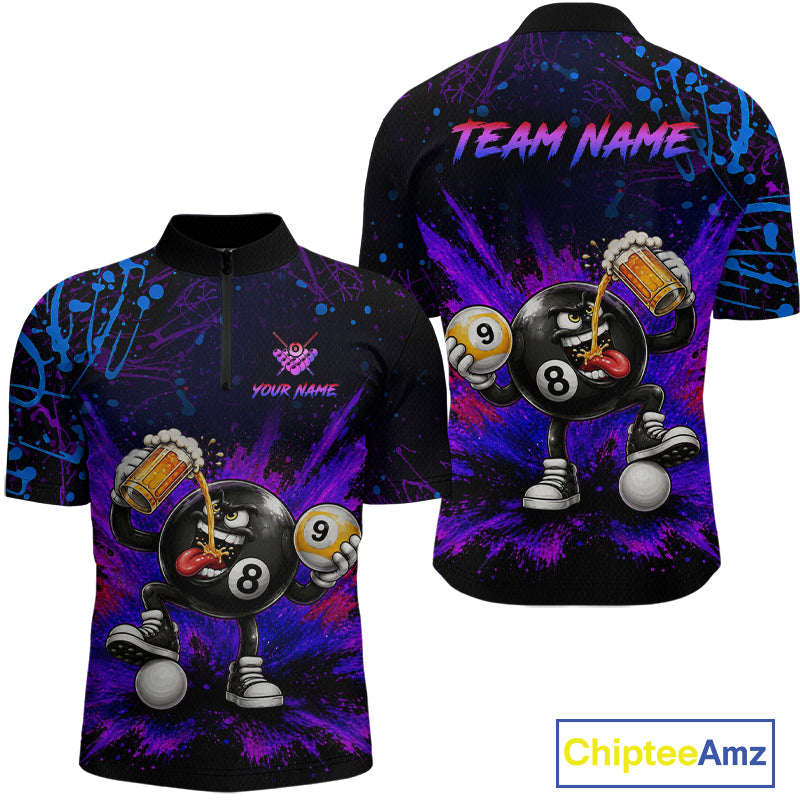 Custom Funny Beer Billiard Shirt 8 Ball & 9 Ball Billiard Jersey for Men Pool Shirt Polo & 1/4 Zip BHT120