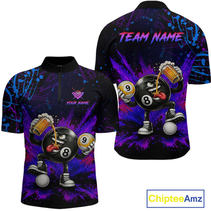 Custom Funny Beer Billiard Shirt 8 Ball & 9 Ball Billiard Jersey for Men Pool Shirt Polo & 1/4 Zip BHT120