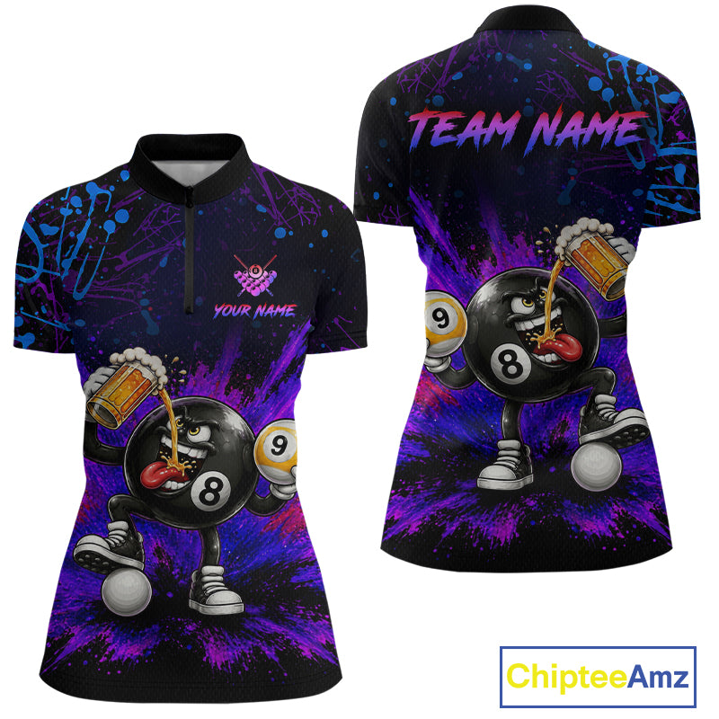 Custom Funny Beer Billiard Shirt 8 Ball & 9 Ball Billiard Jersey for Women Pool Shirt Polo & 1/4 Zip BHT120