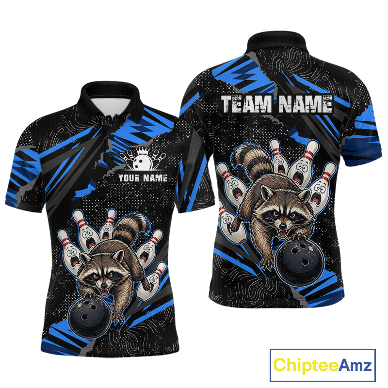 Personalized Blue Raccoon Bowling Shirt for Men Bowling Jersey League Polo & 1/4-Zip Outfit QZT1014