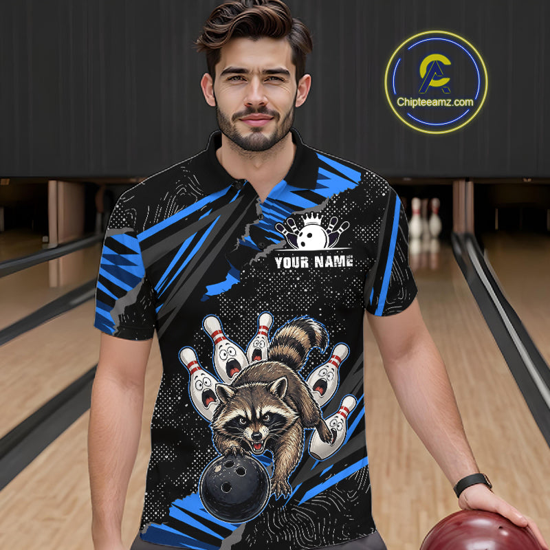 Personalized Blue Raccoon Bowling Shirt for Men Bowling Jersey League Polo & 1/4-Zip Outfit QZT1014