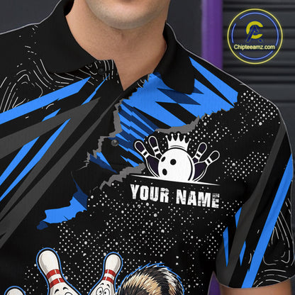 Personalized Blue Raccoon Bowling Shirt for Men Bowling Jersey League Polo & 1/4-Zip Outfit QZT1014