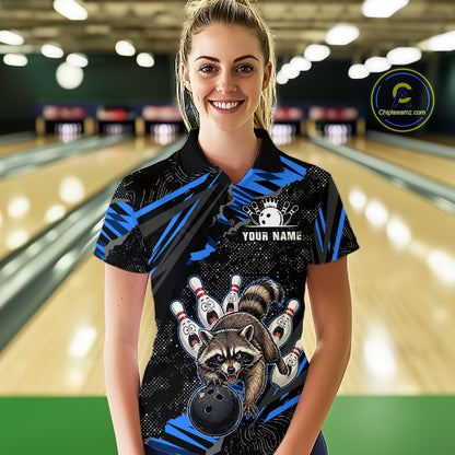 Personalized Blue Raccoon Bowling Shirt for Women Bowling Jersey League Polo & 1/4-Zip Outfit QZT1014