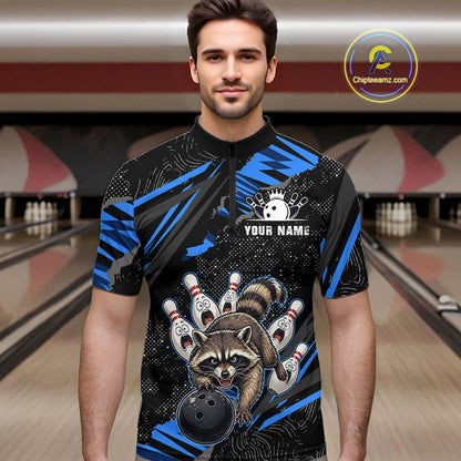 Personalized Blue Raccoon Bowling Shirt for Men Bowling Jersey League Polo & 1/4-Zip Outfit QZT1014
