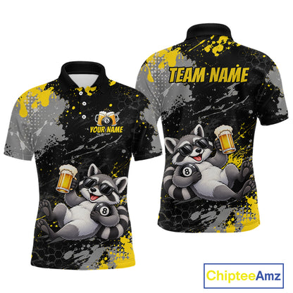 Custom Funny Raccoon & Beer Billiard Shirt for Men 8 Ball Yellow Billiard Jersey BHT173