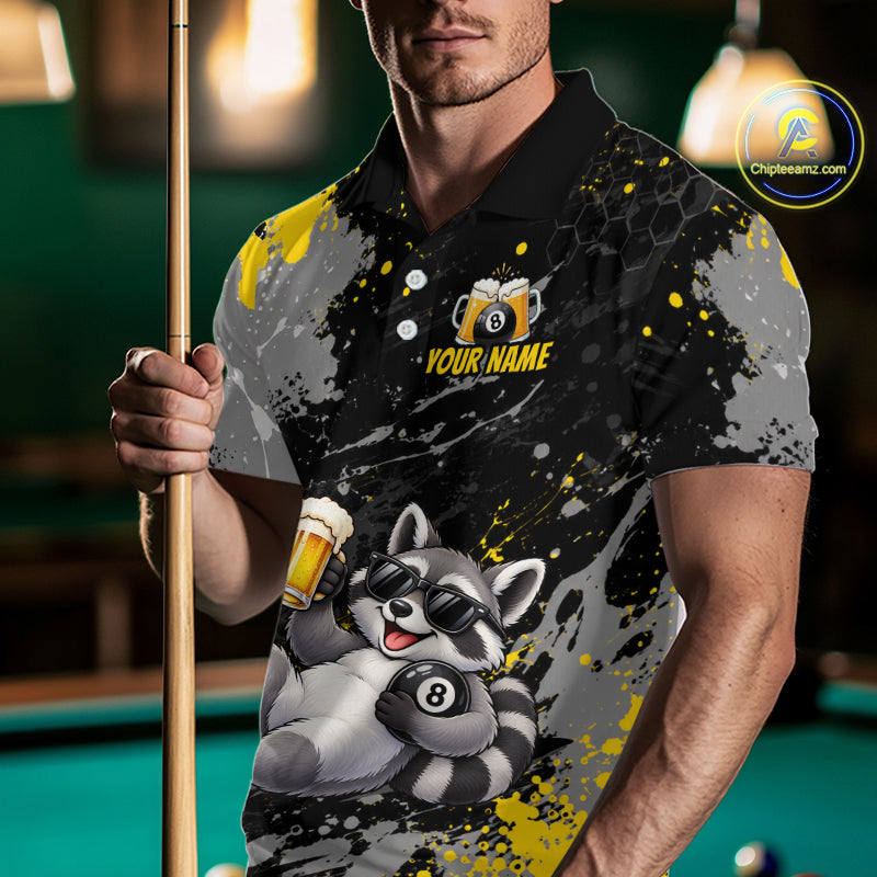 Custom Funny Raccoon & Beer Billiard Shirt for Men 8 Ball Yellow Billiard Jersey BHT173