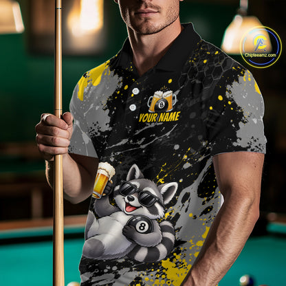 Custom Funny Raccoon & Beer Billiard Shirt for Men 8 Ball Yellow Billiard Jersey BHT173