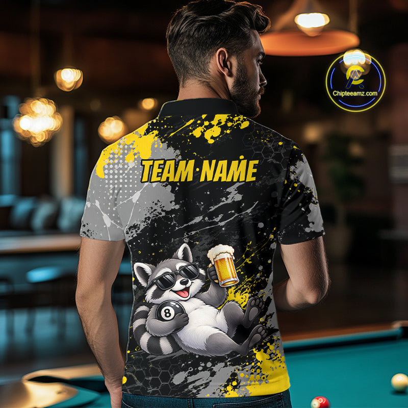 Custom Funny Raccoon & Beer Billiard Shirt for Men 8 Ball Yellow Billiard Jersey BHT173