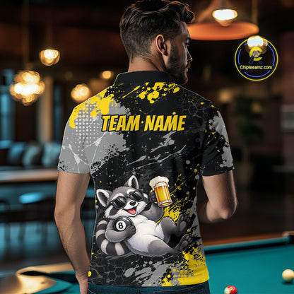 Custom Funny Raccoon & Beer Billiard Shirt for Men 8 Ball Yellow Billiard Jersey BHT173