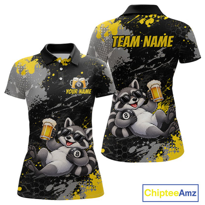 Custom Funny Raccoon & Beer Billiard Shirt for Women 8 Ball Yellow Billiard Jersey BHT173