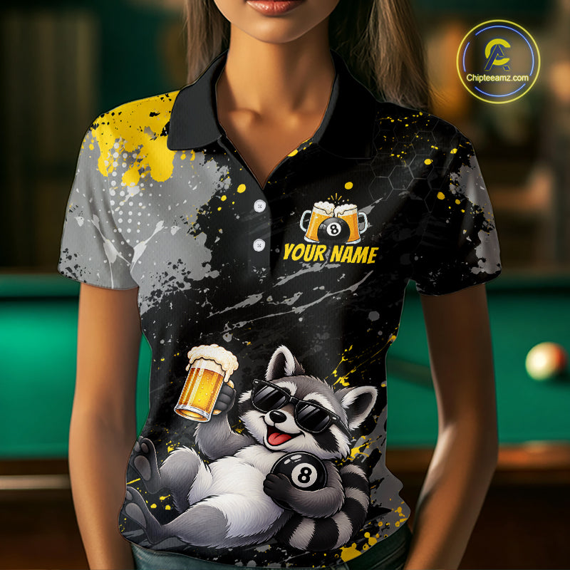 Custom Funny Raccoon & Beer Billiard Shirt for Women 8 Ball Yellow Billiard Jersey BHT173
