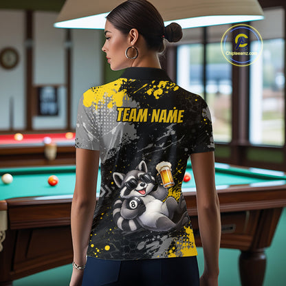 Custom Funny Raccoon & Beer Billiard Shirt for Women 8 Ball Yellow Billiard Jersey BHT173