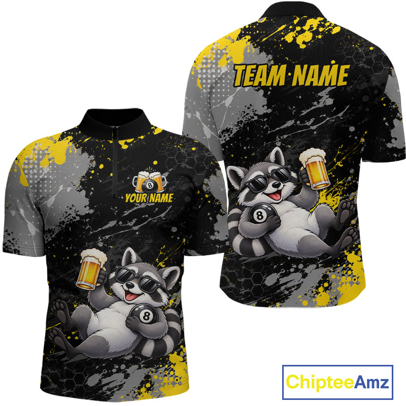 Custom Funny Raccoon & Beer Billiard Shirt for Men 8 Ball Yellow Billiard Jersey BHT173