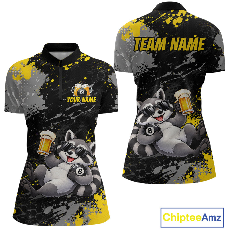 Custom Funny Raccoon & Beer Billiard Shirt for Women 8 Ball Yellow Billiard Jersey BHT173