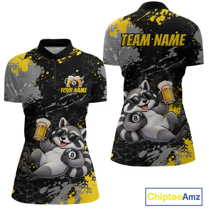 Custom Funny Raccoon & Beer Billiard Shirt for Women 8 Ball Yellow Billiard Jersey BHT173