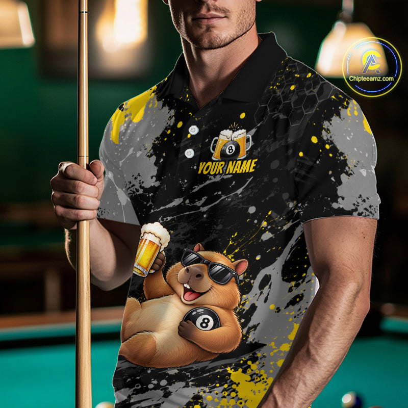 Custom Funny Capybara & Beer Billiard Shirt 8 Ball Yellow Billiard Jersey Polo & 1/4-Zip BHT175