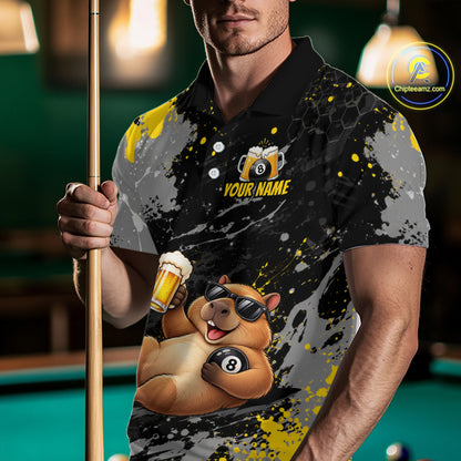 Custom Funny Capybara & Beer Billiard Shirt 8 Ball Yellow Billiard Jersey Polo & 1/4-Zip BHT175